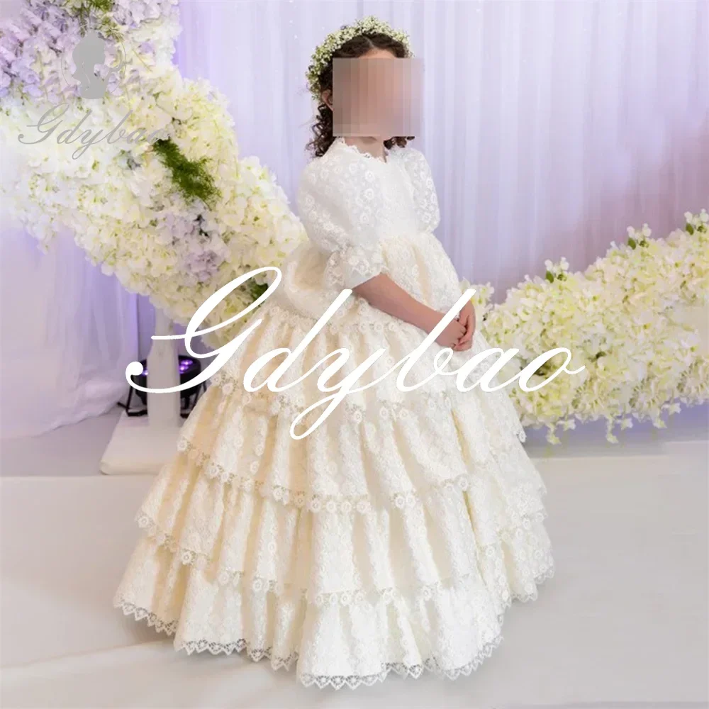 Princesa renda applique meia manga luxo primeira comunhão vestido para menina até o chão plissado clássico vestido da menina de flor personalizado