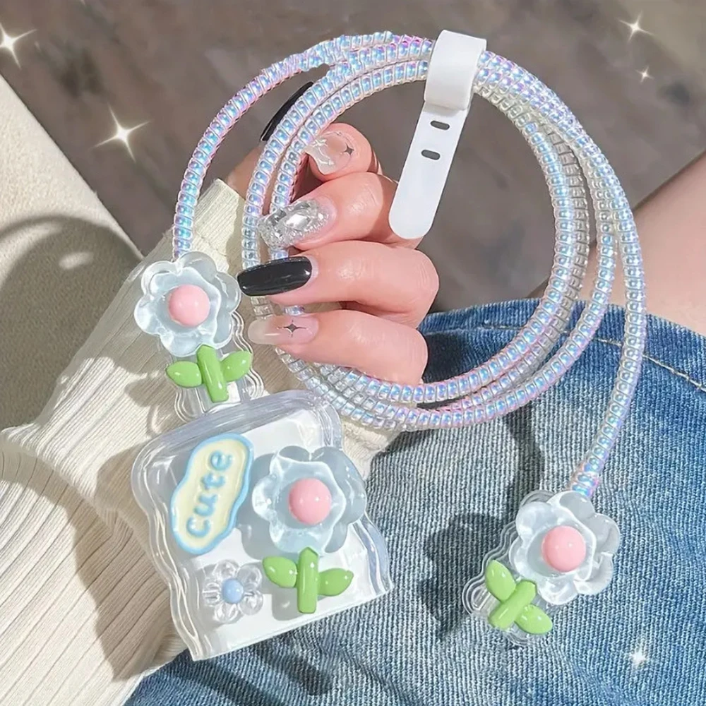 Cute Flower Rabbit Cable Charger Case For iPhone 17 16 13 Pro Max 18W 20W US Fast Charging Head Cover Protective Cable Organizer