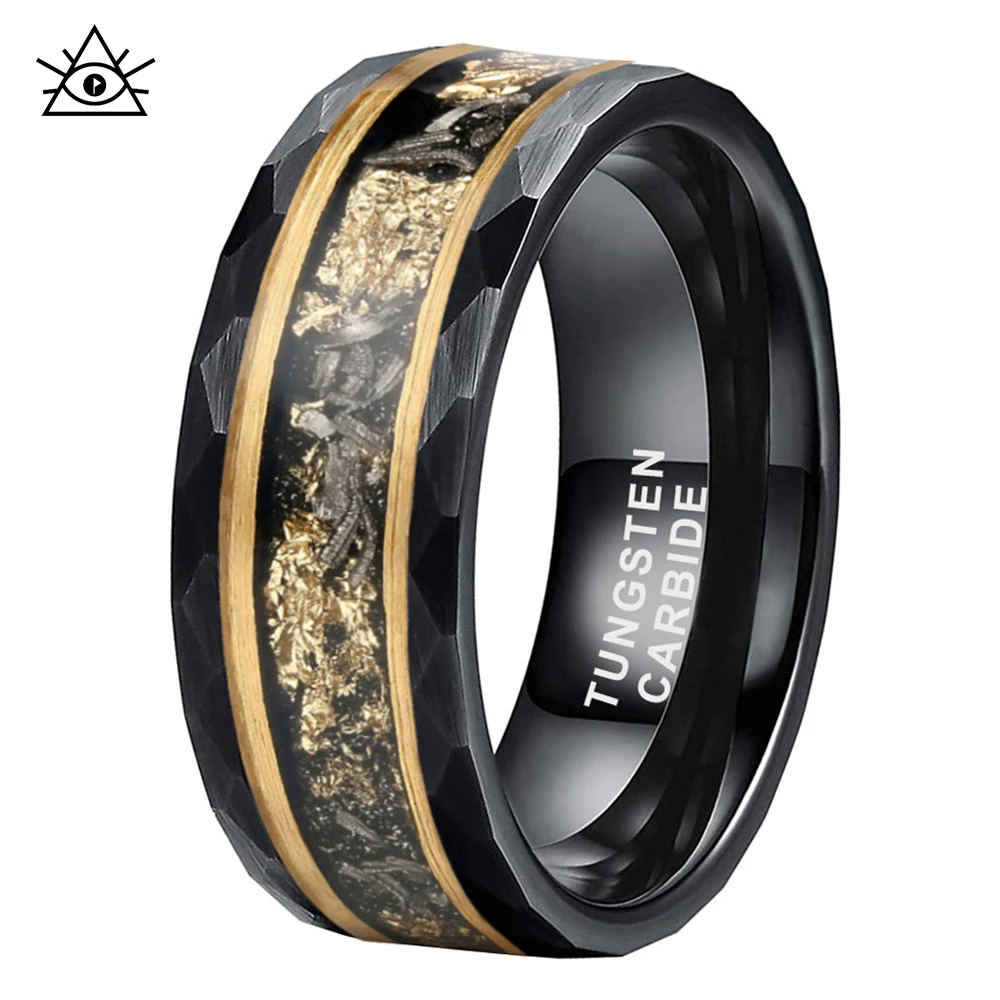 

Vintage luxury polygonal cut tungsten steel men's wedding ring inlaid with meteorite fragments foil size 7-15