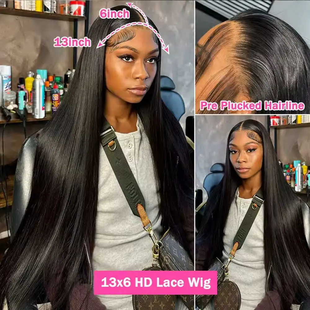 Peruki z prostych włosów naturalnych o długości 30-40 cali, peruki typu lace frontal 13x4 i 13x6 HD dla kobiet, bezklejowe peruki z prostych włosów naturalnych typu lace frontal.