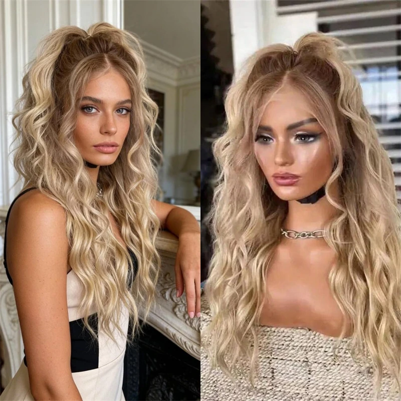 

Парик с HD-кружевной передней частью, омбре, золотисто-русый с коричневыми оттенками, для вечеринок, повседневной носки, косплея, из термостойкого синтетического волокна, без клея, мягкий, как еврейский парик