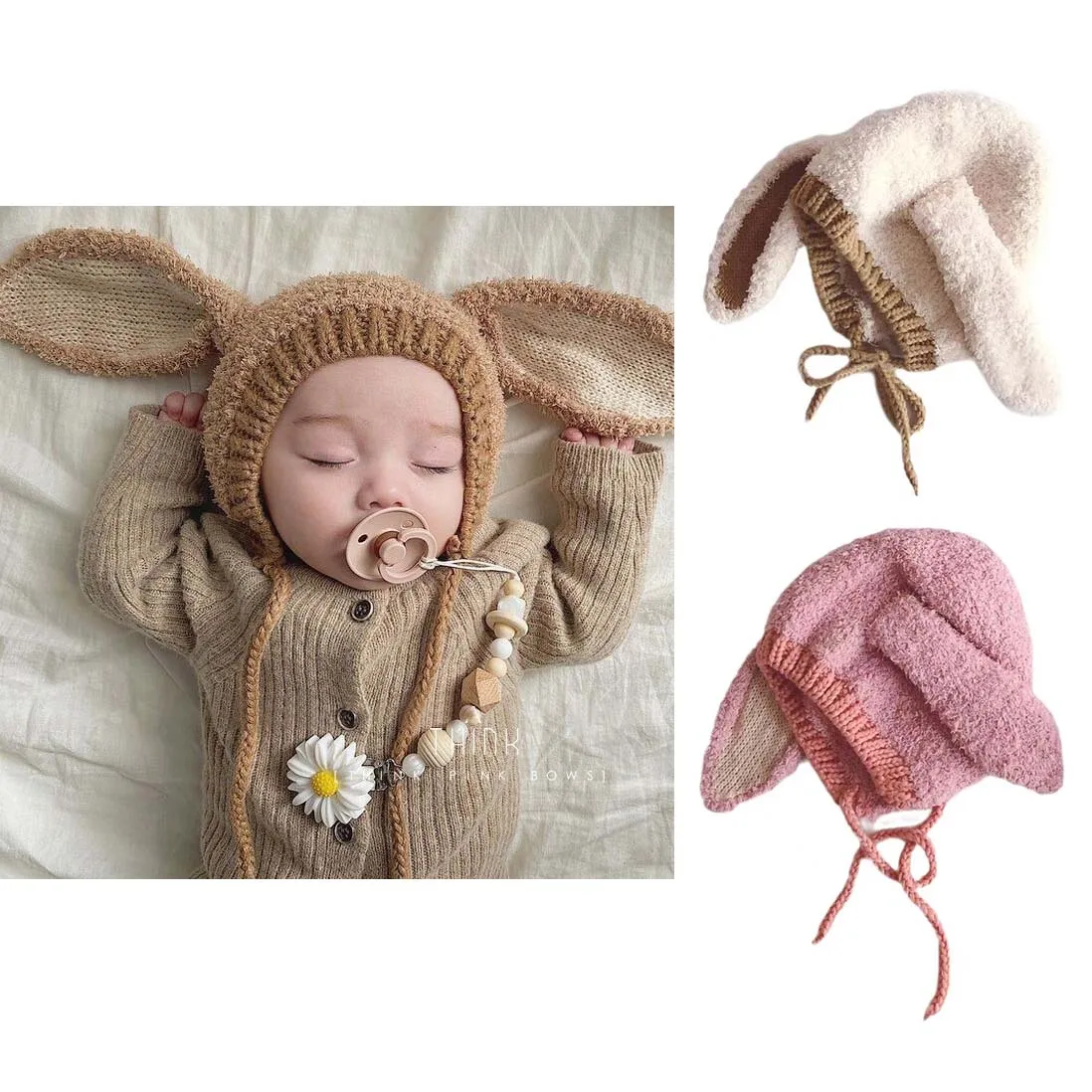 Korean Plush Baby Bunny Hat With Long Ear 2024 Autumn Winter Baby Beanie Hat Warm Children\'s Ear Protection Knitted Hat