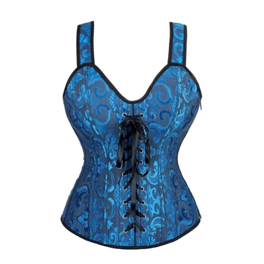 

Women Gothic Satin Jacquard Shoulder Strap V-Neck Overbust Corset Sexy Lingerie Slim Waist Trainer Corset Vest Top S-6XL