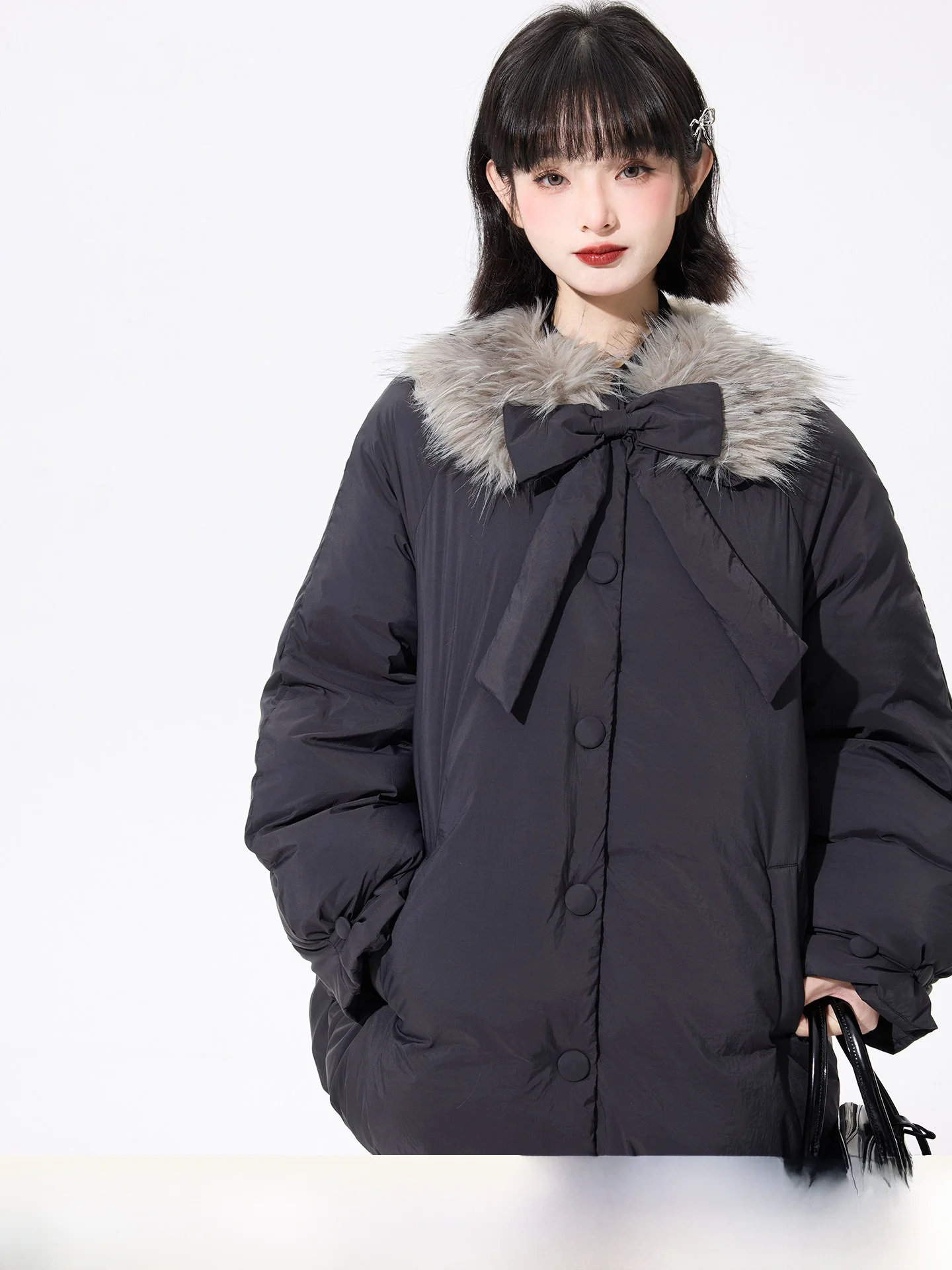 

Original Sweet Cool Sle Bla ey Knot Fur Collar Loose Mid-Length down Jaet for Women by Cong Tailor
