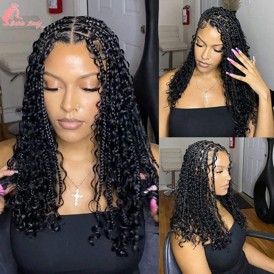 Synthetic Short Boho Braided Wig Full Lace Wigs Goddess Bohemian Box Braids With Curly Hair Knotless Cornrows Braids For Women