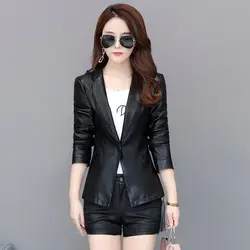 2023 Autumn Winter New Leather Jacket Slim Suit Collar Casual  Women Short Leather Top Loose Tailored Collar Solid Color Coat