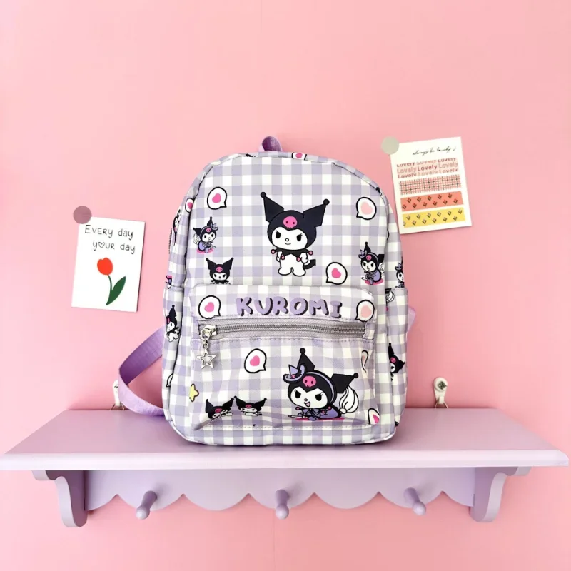 Sanurgente-Sac d'école de dessin animé mignon, sac à dos léger de grande capacité, sac à carreaux enfantin frais, Hello Kitty, Kulomi