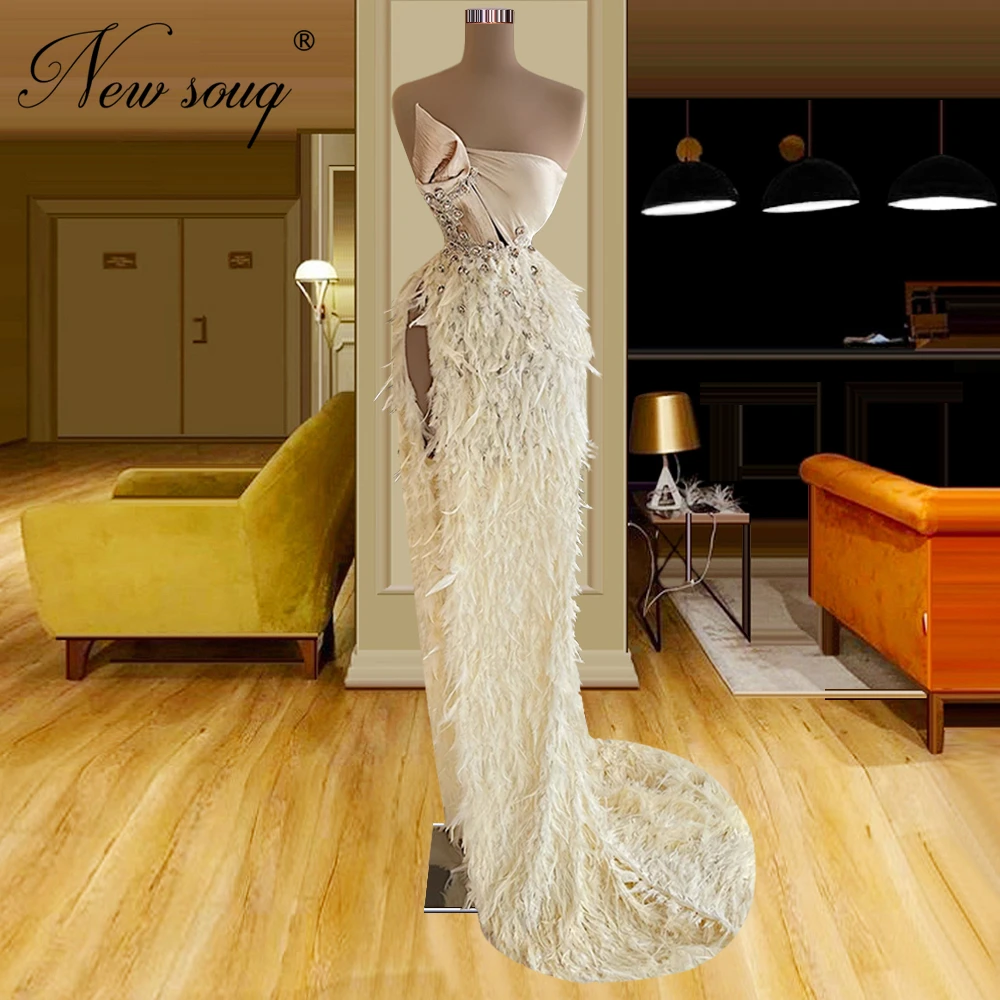 

Elegant One Shoulder Evening Dresses Robes De Soiree Long Feathers Celebrity Party Gowns Custom Made Dubai Beads Slit Prom Dress