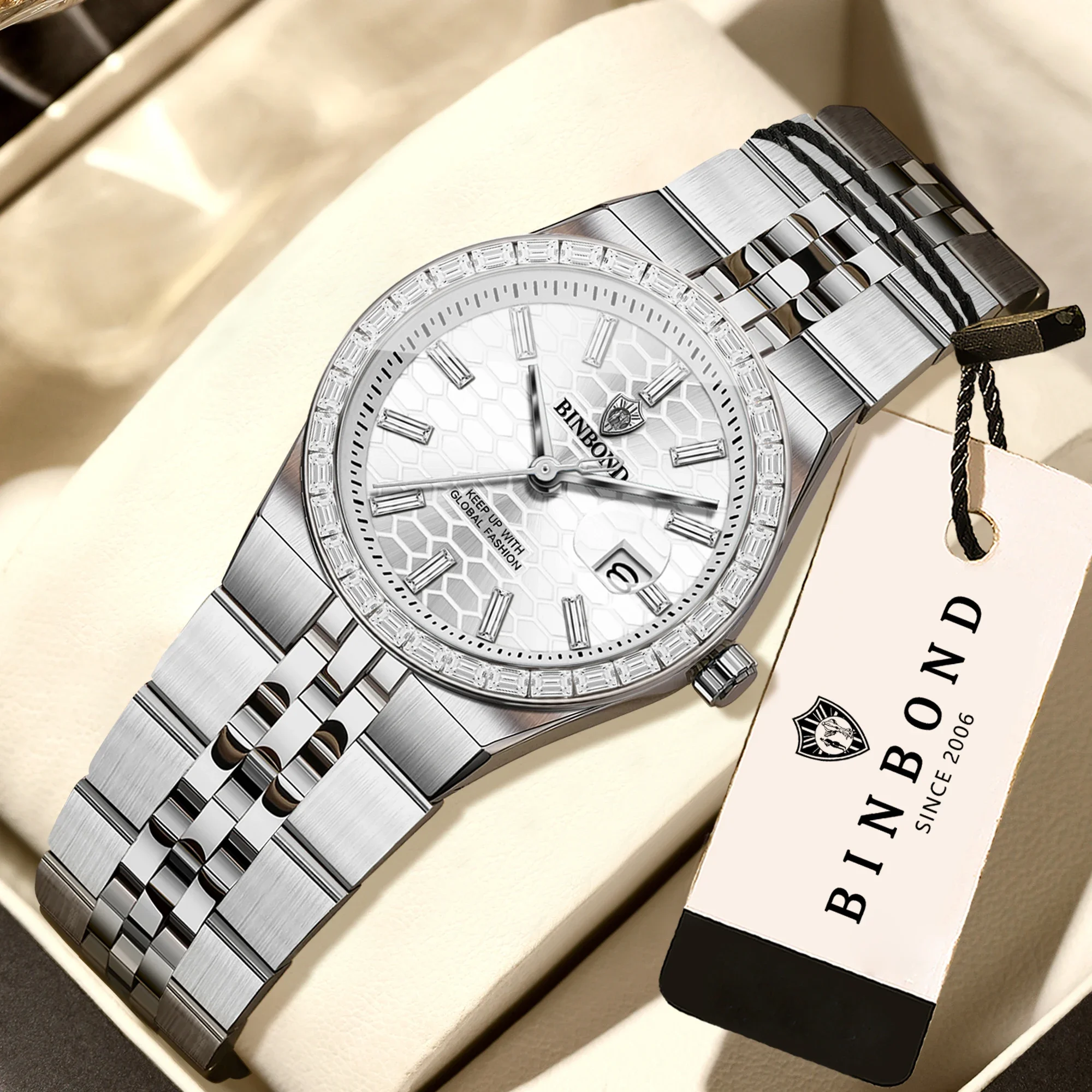 BINBOND 2026 New 7272 High Quality Original Women's Clock Waterproof Date Stainless Steel Strap Fashion Women's Quartz Watch