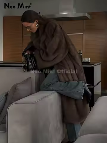 Neo Mint 2024 Winter Warm Fluffy Gradient Eco Fur Jacket Women Luxury Long Faux Fox Fur Coat Street Furry Outerwear Overcoat