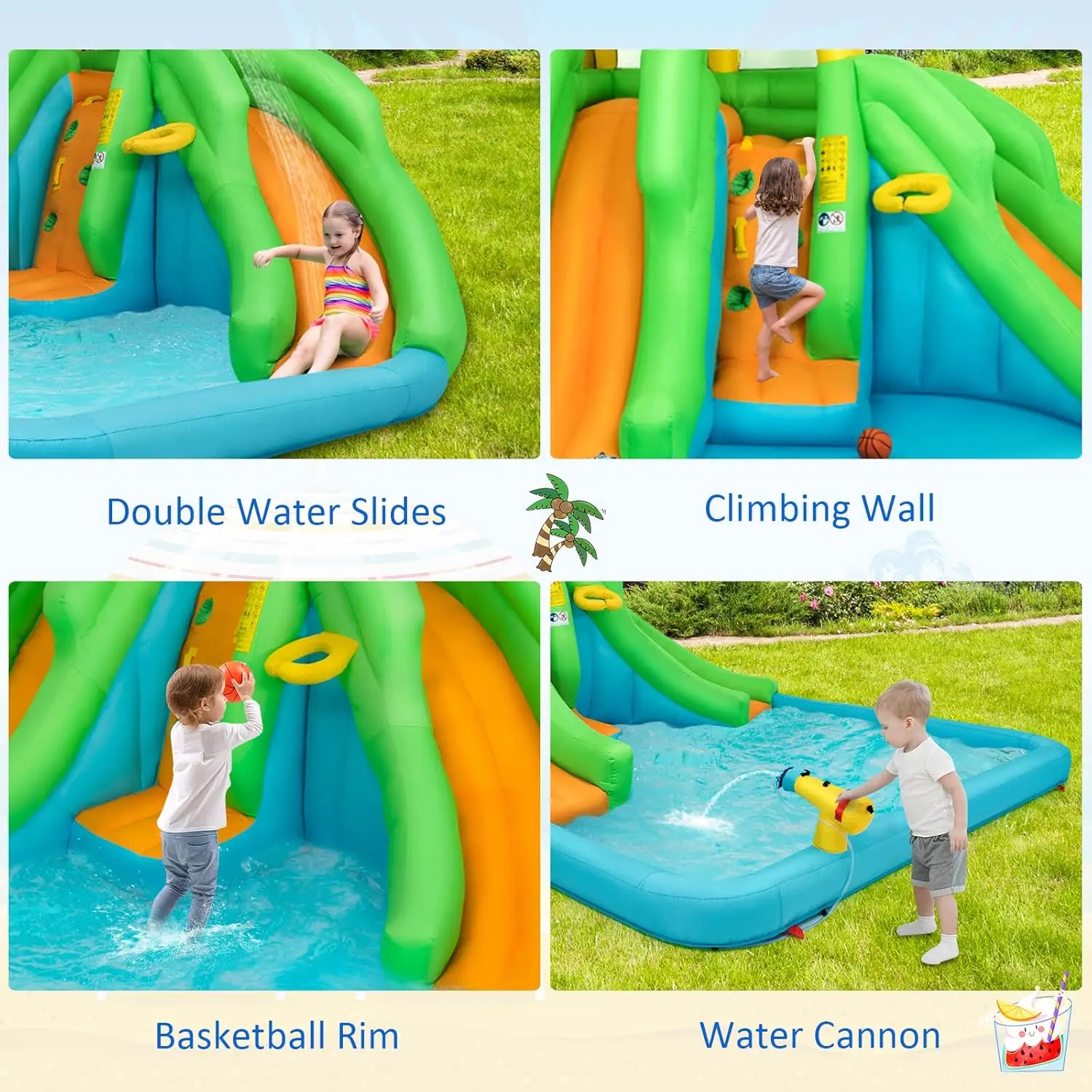 Opblaasbare Waterglijbaan Met 550W Blower, 6 In 1 Uitsmijter Waterpark W/Klimmuur & 2 Lange Glijbanen, Plons Zwembad, Waterkanonnen