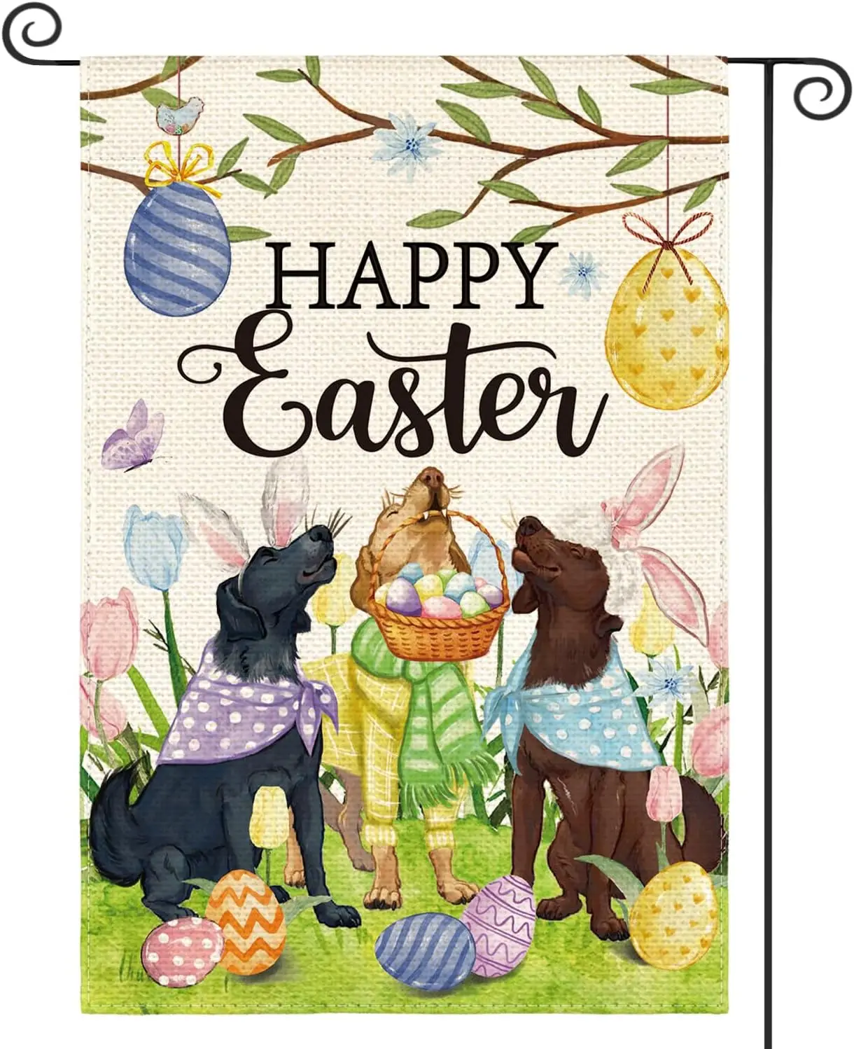 AVOIN colorlife Happy Easter Garden Flag 12x18 Inch Double Sided Outside, Easter Eggs Dogs Welcome Yard Outdoor Decoration