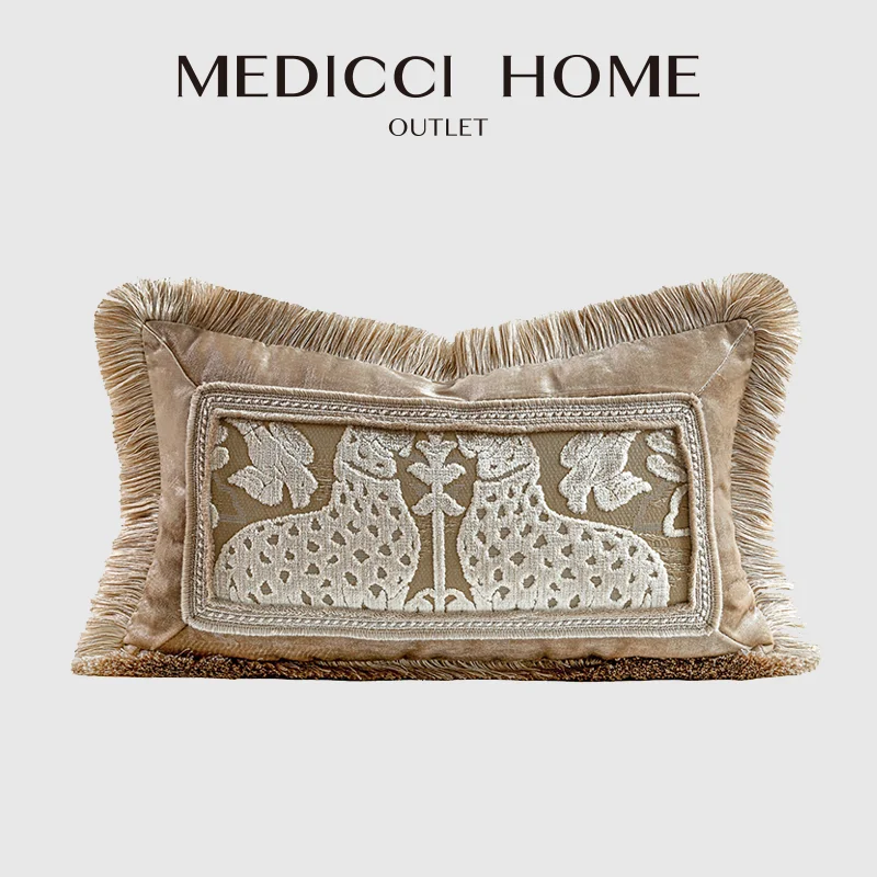 Medicci Home Venetian Velvet Woven Lion Dog Decorative Cushion Cover Luxury Italian Elegance Pillowcase With Beige Fringe Border