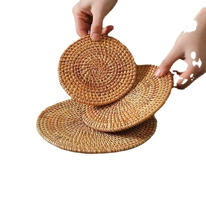 

Handmade woven rattan cup mat multifunctional heat insulation and anti scald circular tea cup mat