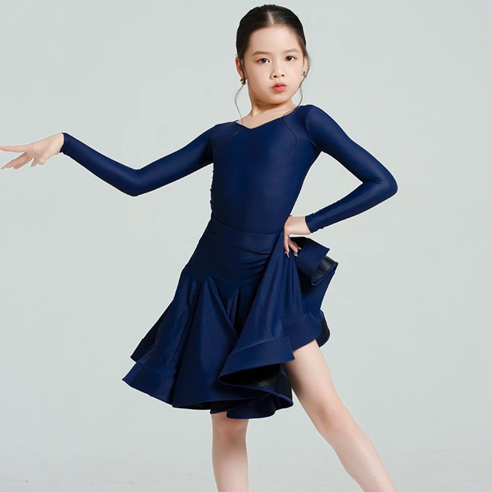 

Multi-Color Latin Dance Competition Clothing Girl Latin Show Performance Wear Matte Long Sleeve Dance Suit Kid Dancewear VDL479