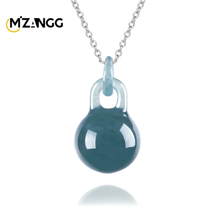 

Natural Jadeite Blue Water Lock-clasp Bead Pendant S925 Silver Setting Exquisite Glutinous Rice Jadeite Necklace Ladies' Gift