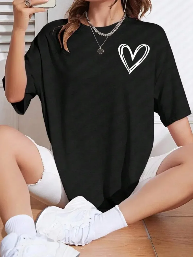 NEW Spring Female Cotton T-Shirts Simple Heart Prints Graphic Tees Comfortable Personality Street Tops Fashion Woman Clothes