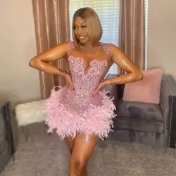 Feather Pink Short Black Girl Prom Dresses Beaded African Cocktail Dresses Party Gowns Birthday Homecoming Customized