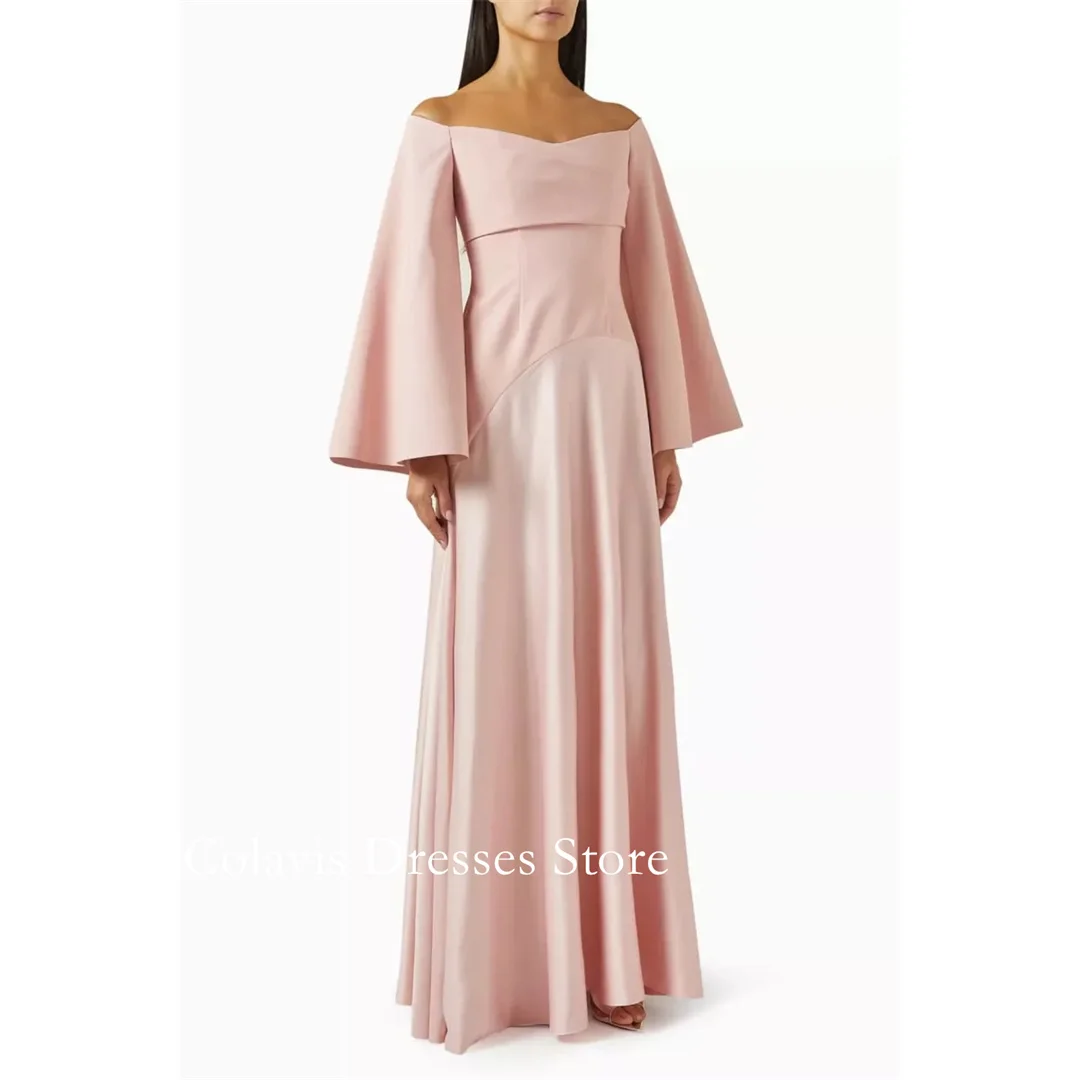 

2025 Customized Pink Prom Dresses Evening Dress A-Line Bell Sleeves Crepe Floor Length Women Evening Gowns Formal Party Dress
