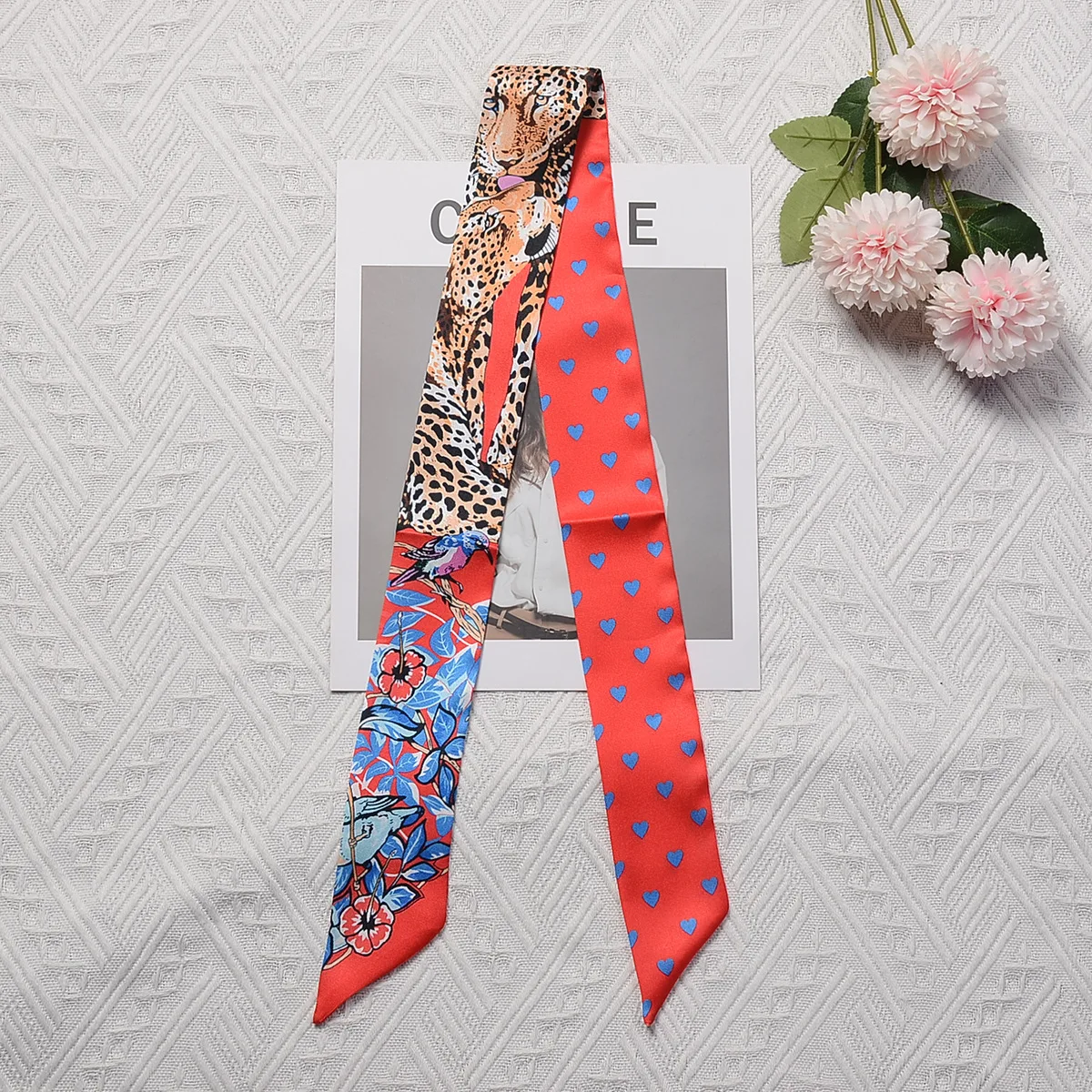 Brand Design Leopard Heart Twill Silk Scarf Women Hair Scarf Fashion Headband Luxury Brand Skinny Bag Scarves Neckerchief 2024