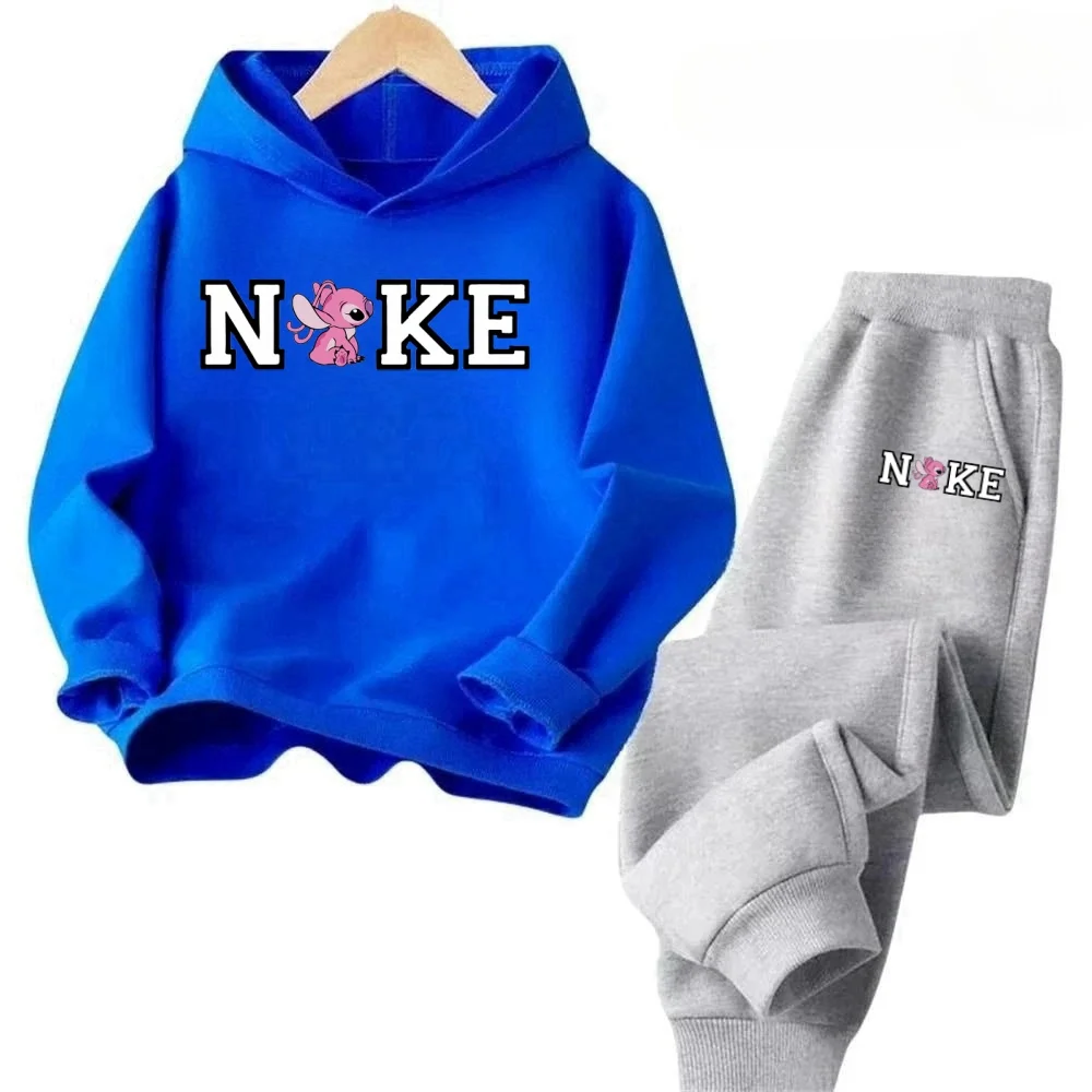 

Stitch co branded children's hooded sweatshirt set with cute cartoon print for boys and girls, spring and autumn casual two-piec