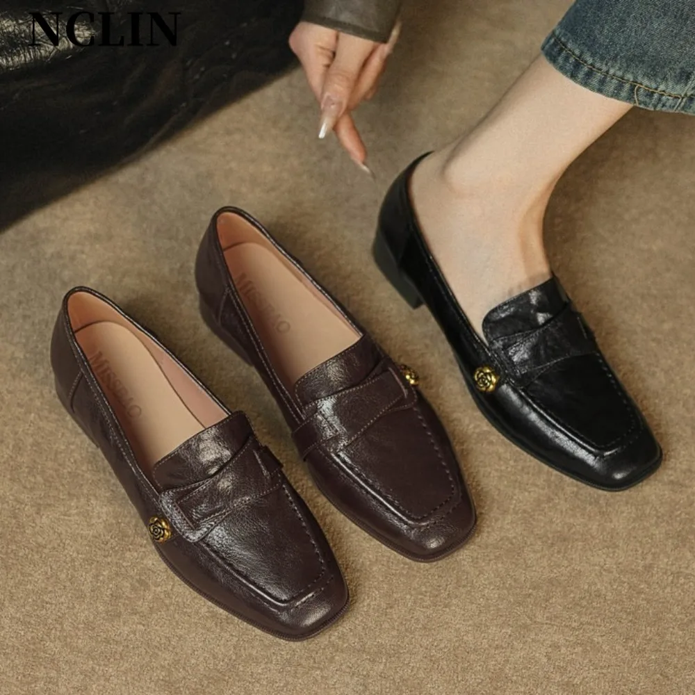 

Loafers shoes Women's Square Toe 2025 Genuine Leather Ladies low heel Shoes Slip-on Vintage Buckle Classic Spring Shoes Women