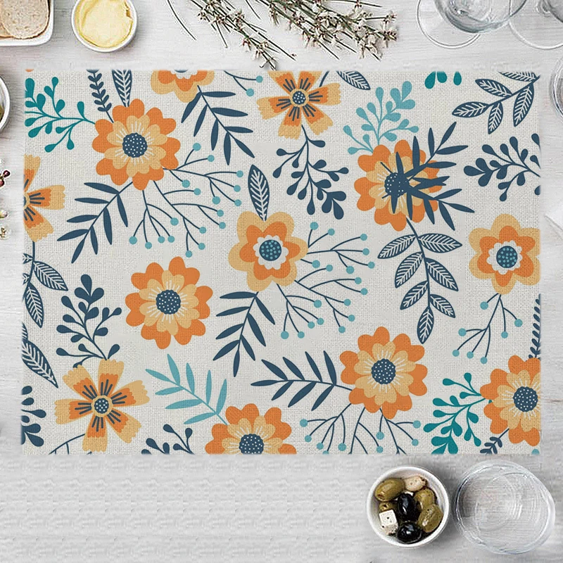 【Natural Floral】Colorful Floral & Green Leaf Print Placemat, Non-Slip & Heat-Resistant, Kitchen & Dining Table Placemat