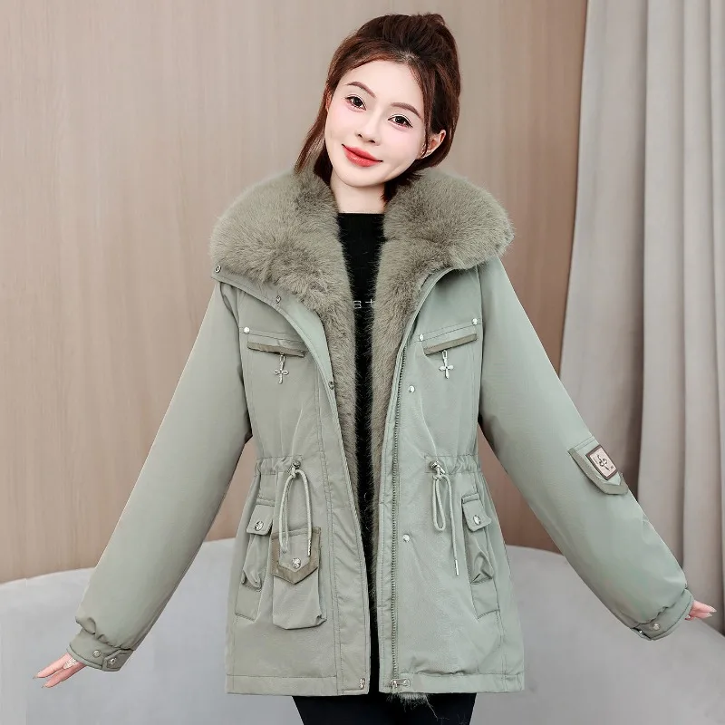 2026 New Women Winter Jacket Slim Mid Long Coat Casual Parkas Big Fur Collar Fleece Liner Outwear Female Snow Warm Cotton Coats