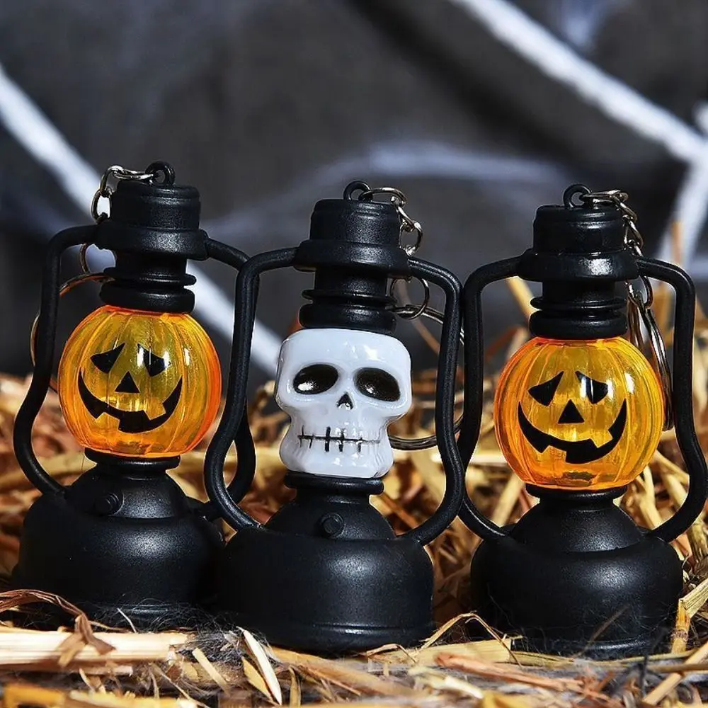 Handheld Pumpkin Candle Light Party Decoration Hanging Plastic Pumpkin Lantern Small Colorful LED Skull Lamp Key Chain