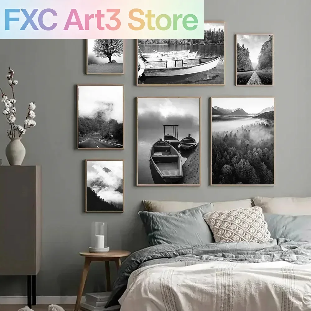 1pc frameless Black And White Lake Boat Tree Painting Fog Forest Mountain Canvas Art Poster Natural Landscape Print Wall Picture
