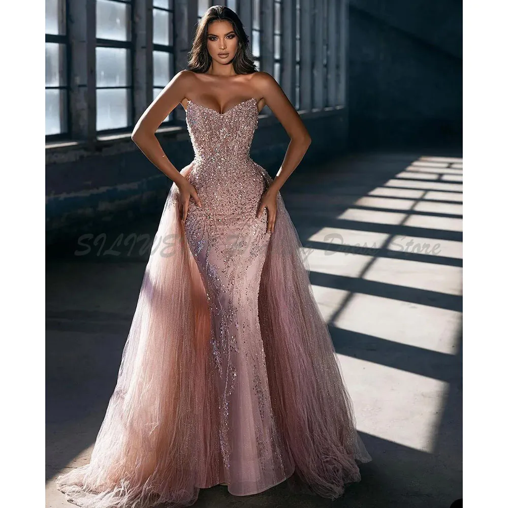 

Rose Gold Ball Gown Wedding Dress Bandeau Sequins Beaded Sexy Detachable Trailing Lace Satin Floor Length Custom Made Plus Size