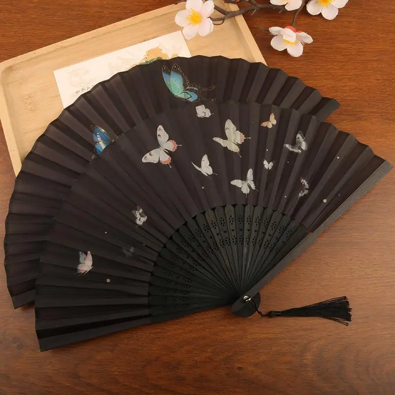 2PC Chinese Style Bamboo Folding Fan Butterfly Pattern Hand Fan with Tassel for Wedding Dance Party Home Decor