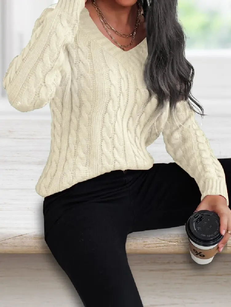 Knit V Neck Casual Fried Dough Twists Off Shoulder Sweater