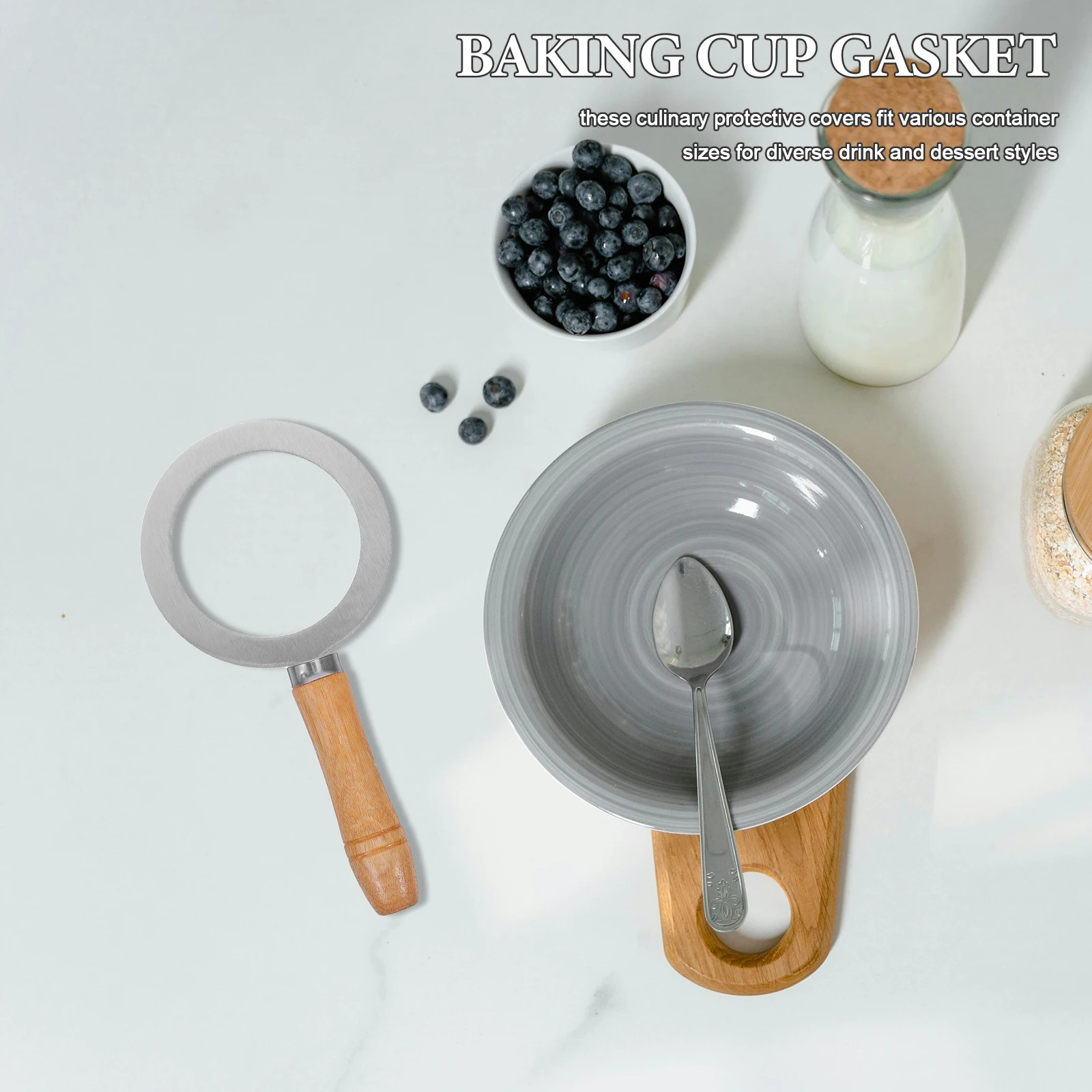 

3Pcs Stainless Steel Milk Tea Cup Rim Brulee Rings Cover Wooden Handle Baking Cup Gasket DIY Dessert Coffee Tea Tool