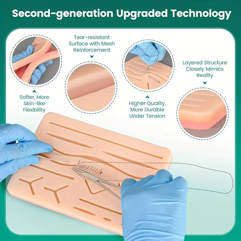Reusable Medical Student Suture Practice Pad, Large Silicone Pad, 14 Pre-Cut Wounds, Veterinary/Nursing Student Supplies Include