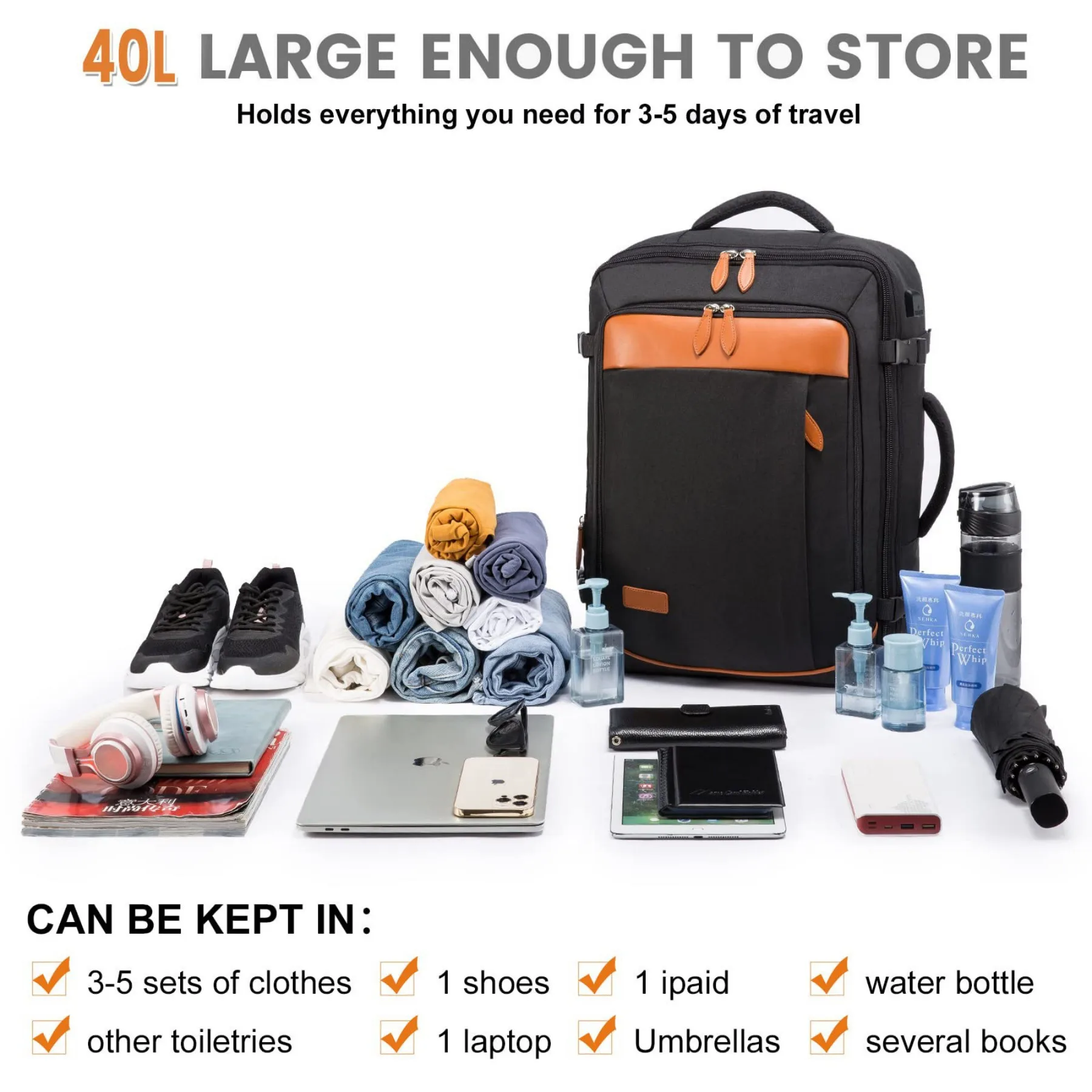 Lightweight Canvas Crossbody Bag,Carry on Backpack, Flight-approved Backpack for Traveling, 40L Personal Item Travel Backpack,