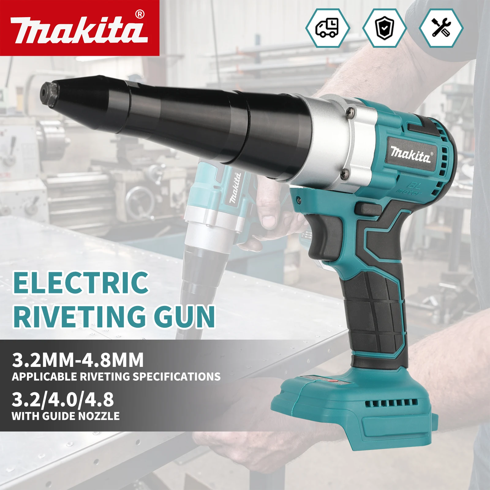 

Makita 18V Brushless Cordless Electric Rivet Gun 3.2-4.8mm for Stainless Steel Aluminum Rivets Fast Riveting