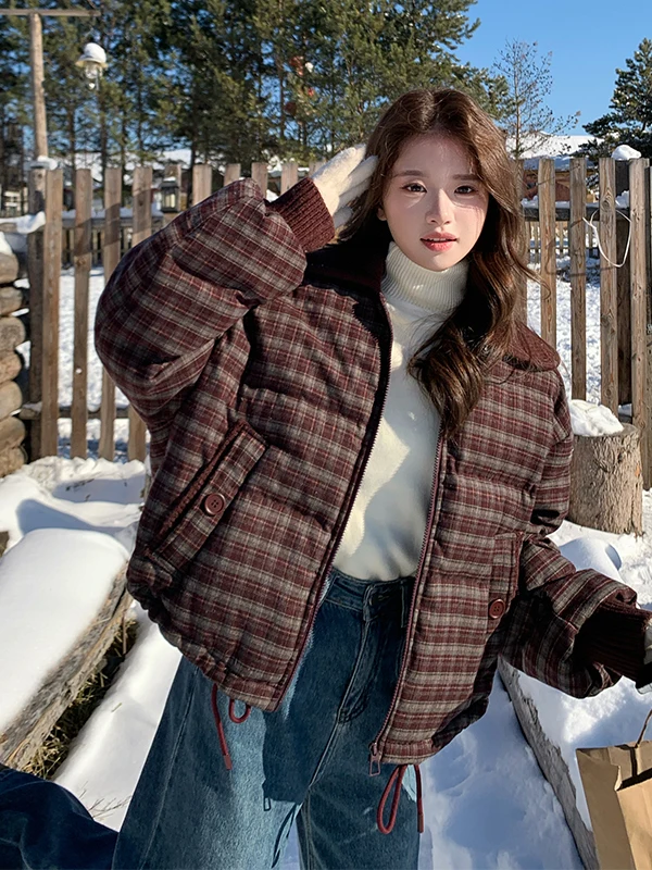 레드 니트 체크 다운 재킷 여성용 레트로 디자인 겨울 따뜻한 두꺼운 아우터웨어 캐주얼 루즈핏 화이트 다운