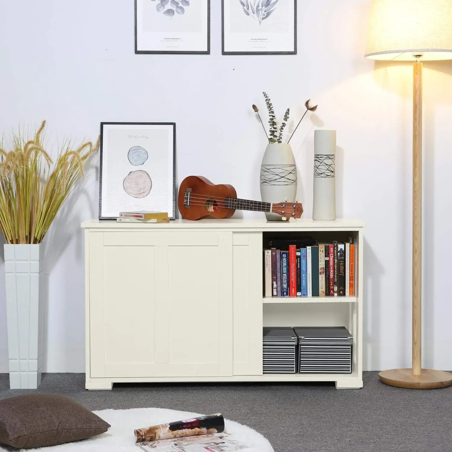 

Antique White Stackable Sideboard Buffet Storage Cabinet with Sliding Door Kitchen Dining Room Furniture