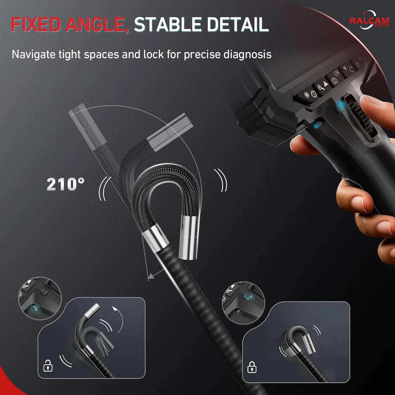 Ralcam Endoscope Camera with Light, Endoscope Camera with 210° Movable Head,  5 Inch HD Screen, 1-6M Cable for Car and Home view 3