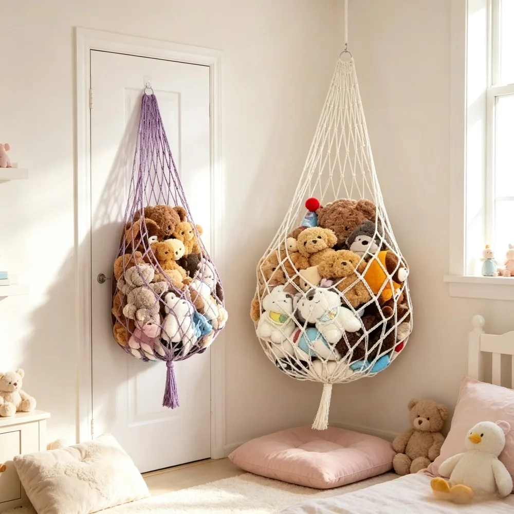 Stuffed Animal Storage Hammock Large Macrame Toy Organizer Hanging Net Corner Plushie Holder Boho Kids Room Decor