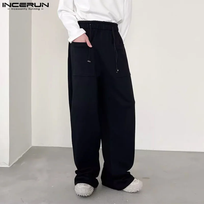 

INCERUN 2024 Korean Style Trousers Men Drawstring Pocket Design Long Pant Casual Well Fitting Solid Straight Leg Pantalons S-5XL