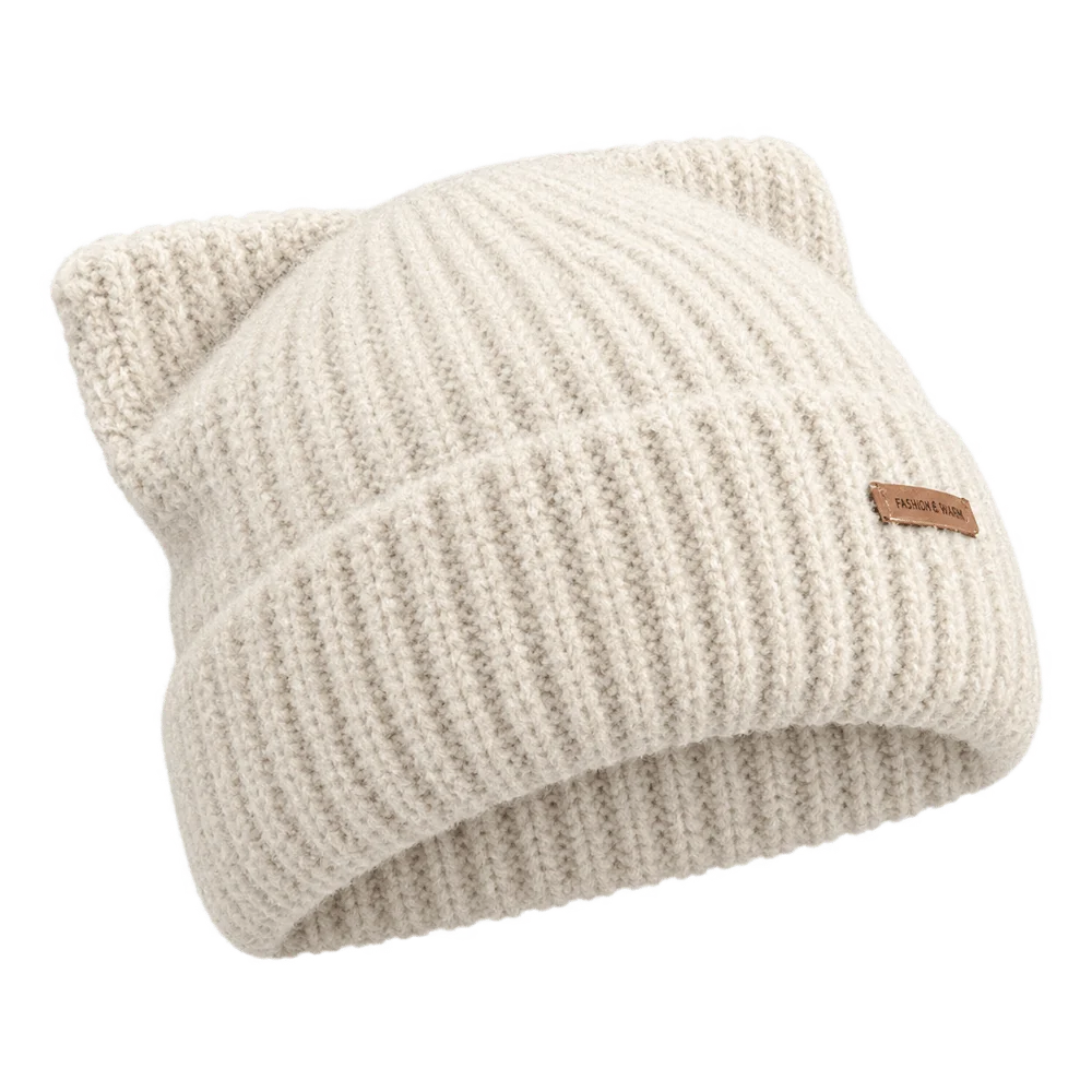 Aesthetic Maillard Solid Color Cat Ear Beanie Windproof Soft Warm Ribbed Knit Cap Cat Ear Winter Knit Hat Winter Season