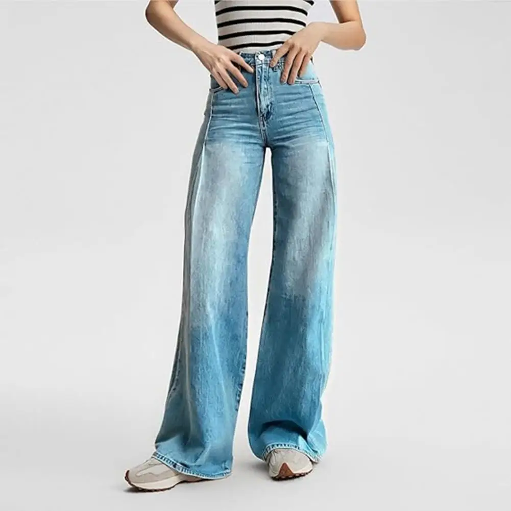Women Wide Leg Pants High Waist 3D Print Casual Trousers with Pockets Button Zipper Closure Denim Pants