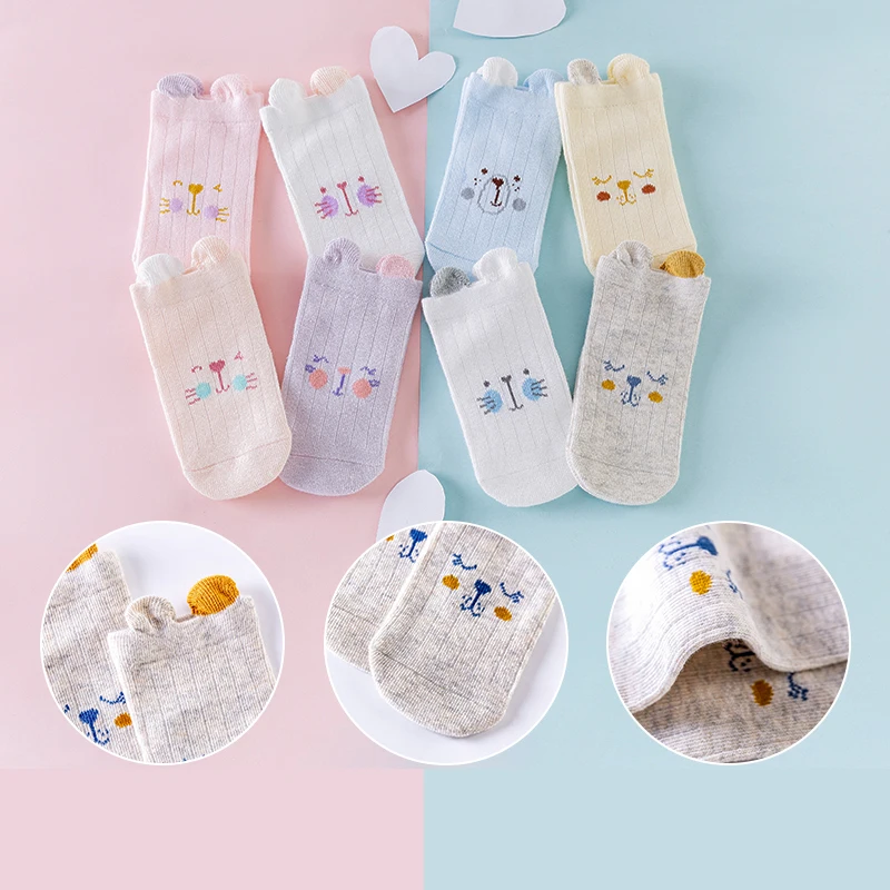 4 pares de calcetines tobilleros para bebés recién nacidos de 0 a 3 años con dibujos de gatos, gatitos y osos, calcetines transpirables de algodón suave para bebés y niñas