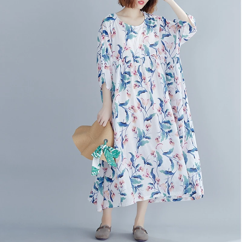 

Summer plus size casual dress, artistic simplicity, cropped sleeves, round neck, big pendulum, stitching printed dress.