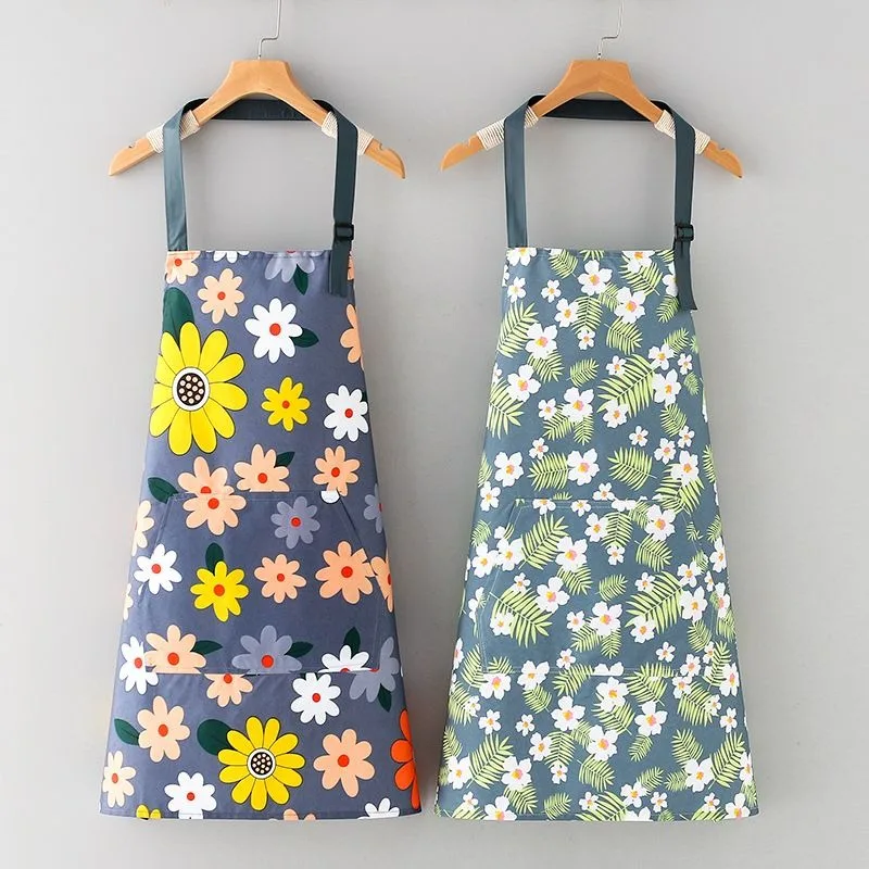 Hand-wiping Sleeveless Apron Flowers Pattern Household Aprons Coffee Baking Anti-wear Cooking Kitchen Bib Aprons With Big Pocket