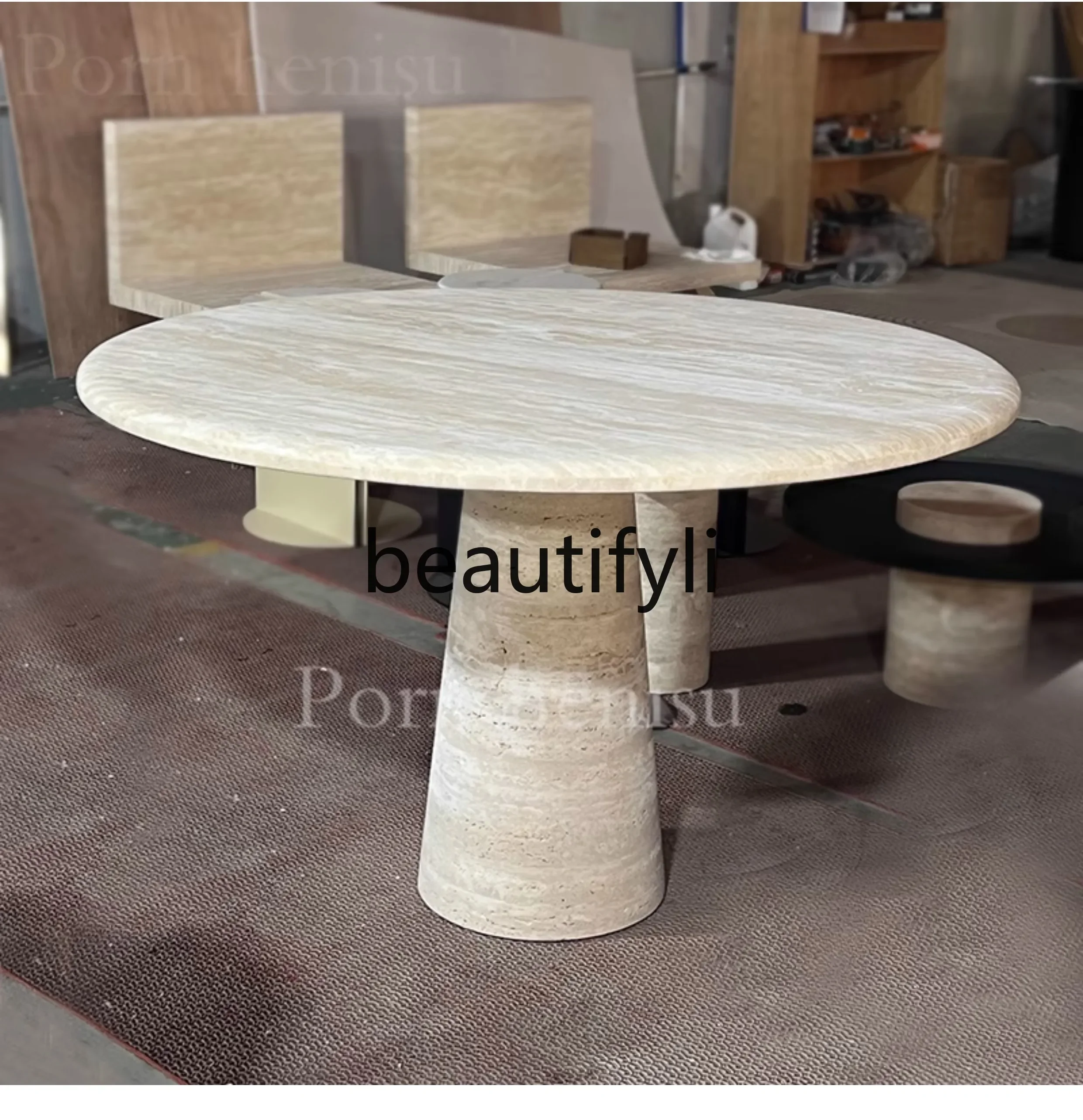 

B6 Cream wind Nordic cave stone dining table round light luxury high-end small apartment living room household marble round tabl