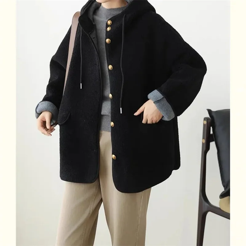 2024 Ladies Fashion Solid Color Lamb Plush Outwear Autumn Winter Female Loose Fitting Grain Jacket Women Hooded Thickening Coat