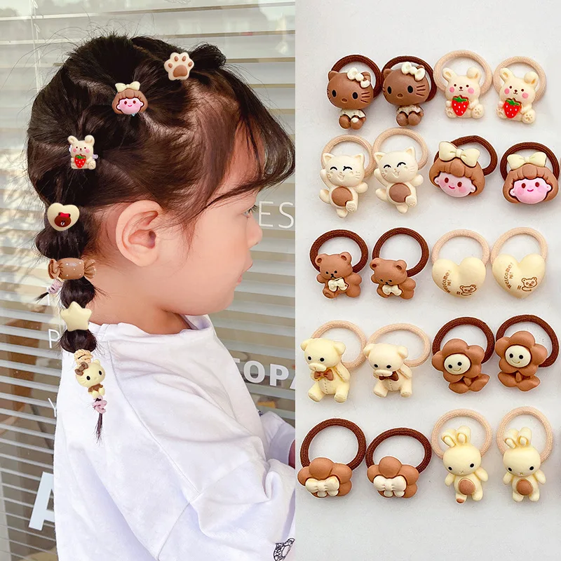 10 PCS/Set Cute Bear Rabbit Baby Hair Ties Child Elastic Mini Cartoon Animal Flower Ponytail Holder Rope No Hurt Hair Scrunchie